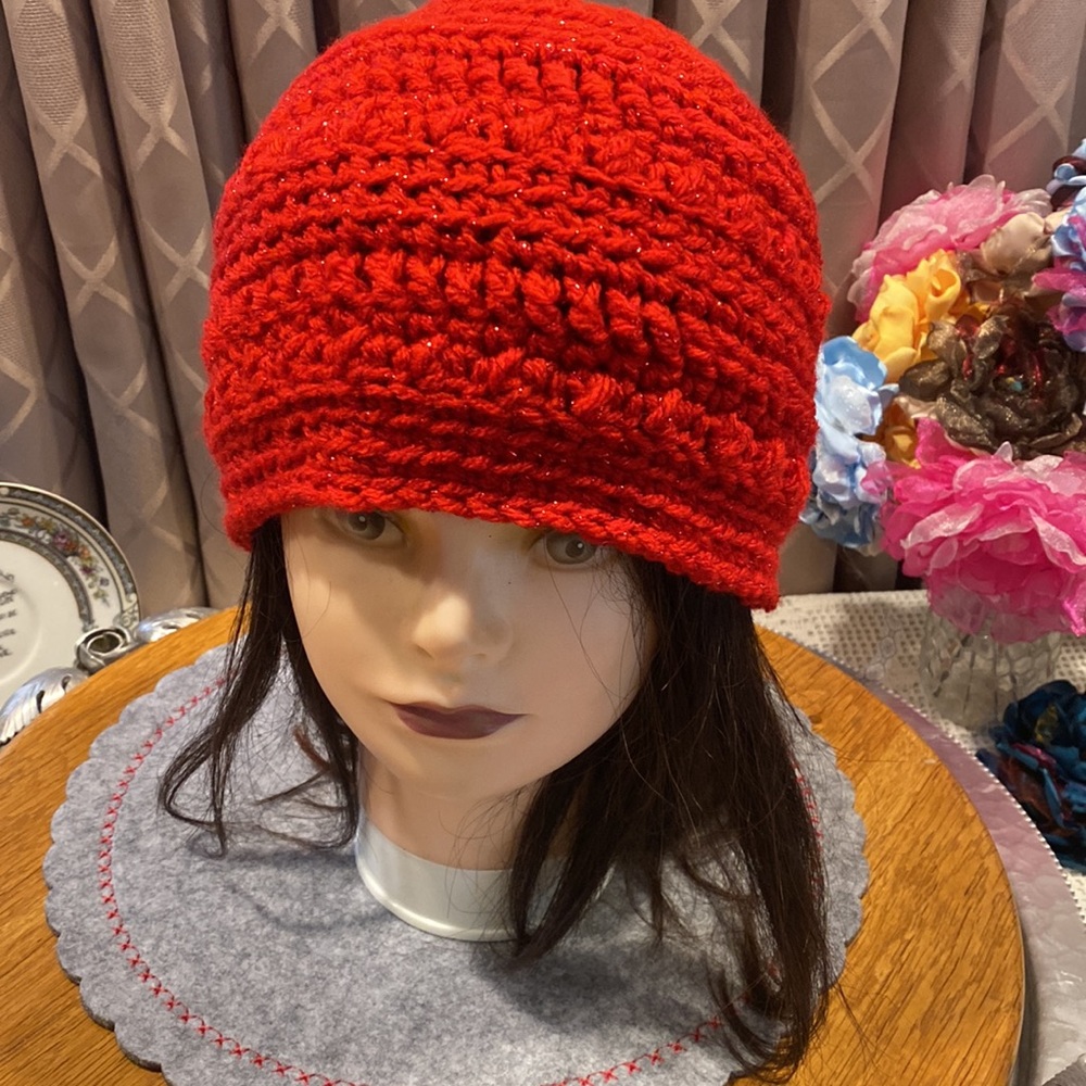Handmade Crochet Hat/Beanie - XL - Red and Sparkly!